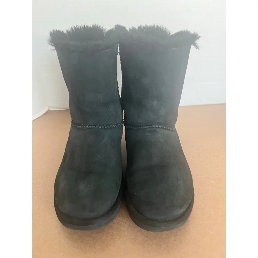 UGG Bailey 2954 Black Suede Bow II Shearling Mid Calf Water-Repellent Boots Sz 6